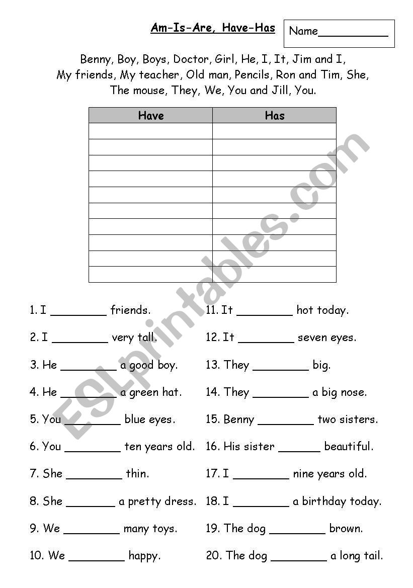 Is Am Are Have Has ESL Worksheet By Noonninhell