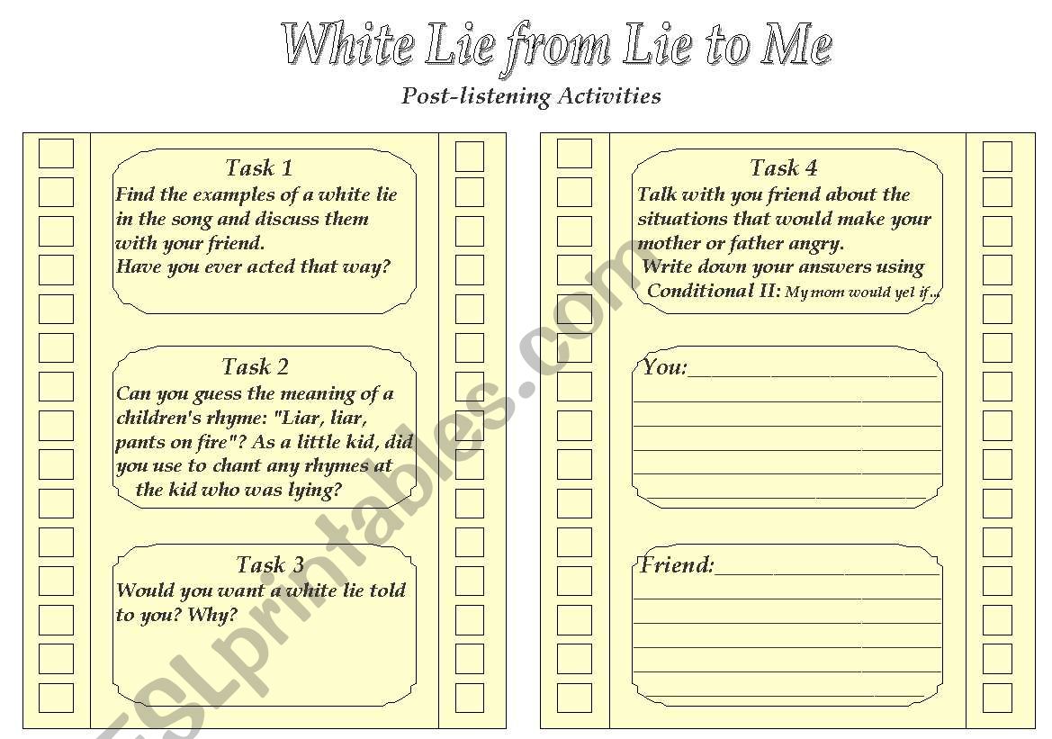 White Lie Song From Lie To Me Series 3 Wss Esl Worksheet By Ueslteacher