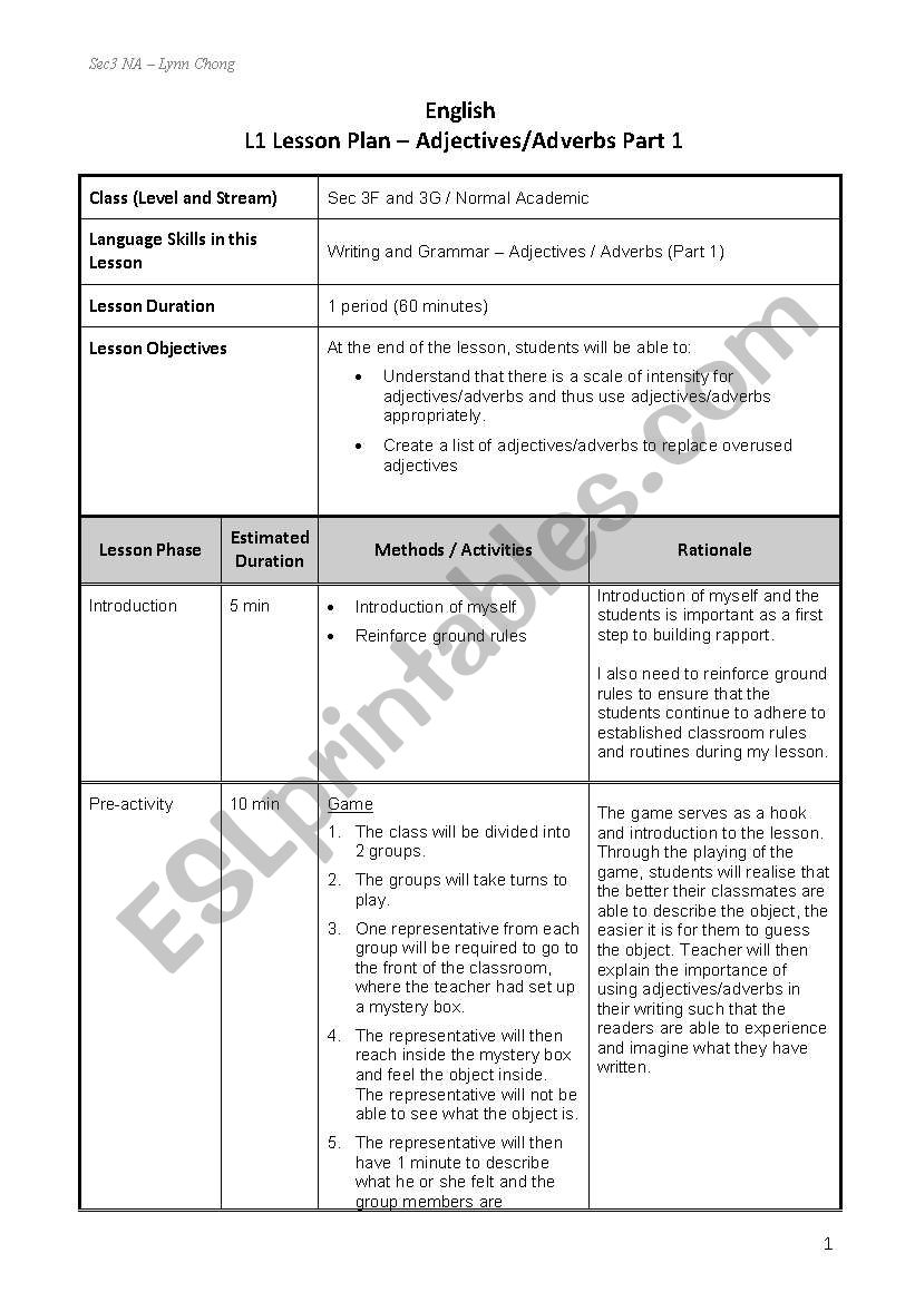 Lesson Plan - Adjectives worksheet