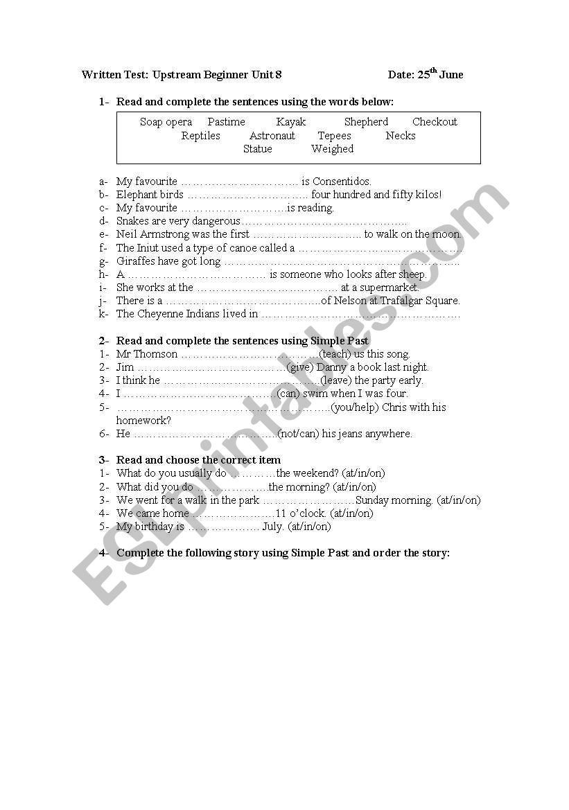 Test for beginners worksheet