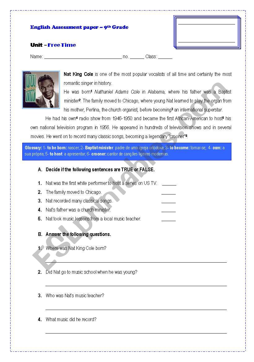 Assessement Paper-9th Grade worksheet