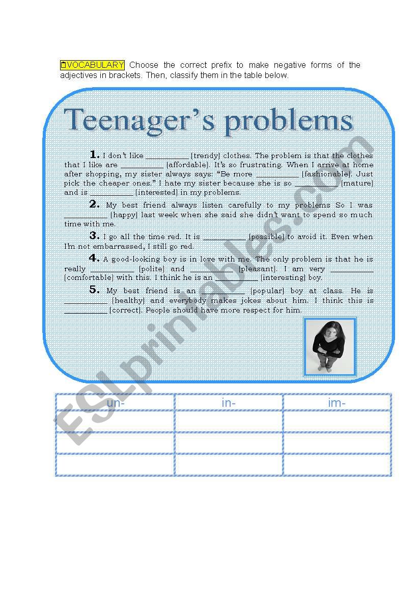 Teenagers problems worksheet