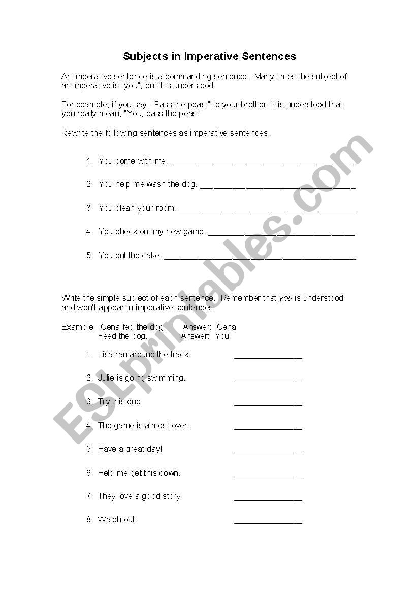 English Worksheets Subjects In Imperative Sentences