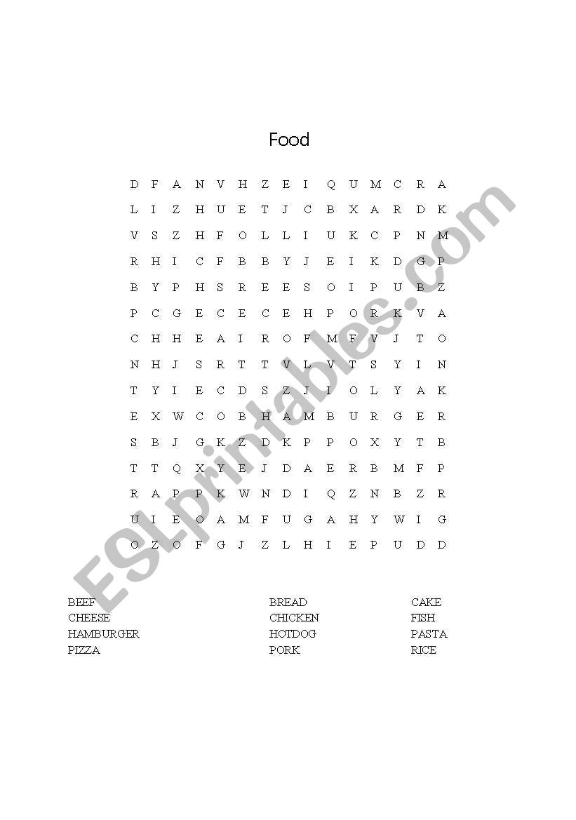 English Worksheets Food Word Search