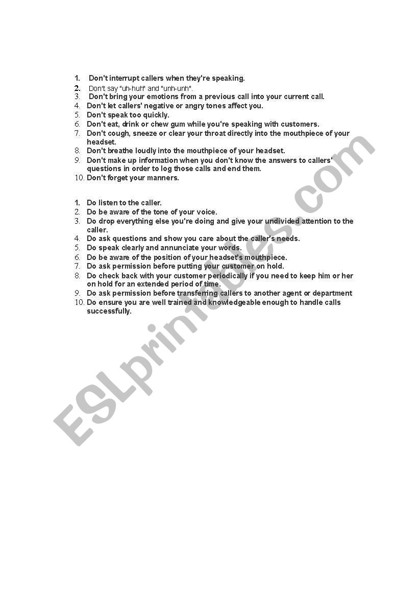 English worksheets: DO´S AND DONT´S OF TELEPHONE ETIQUETTE