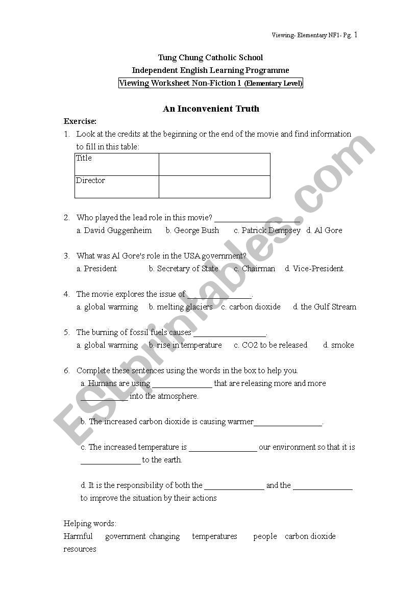 Inconvenient Truth worksheet