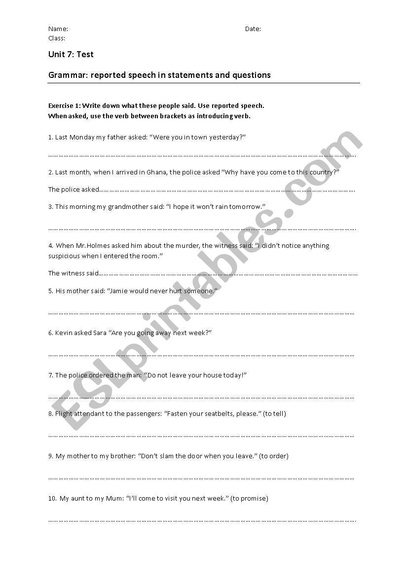 Test Reported Speech  worksheet