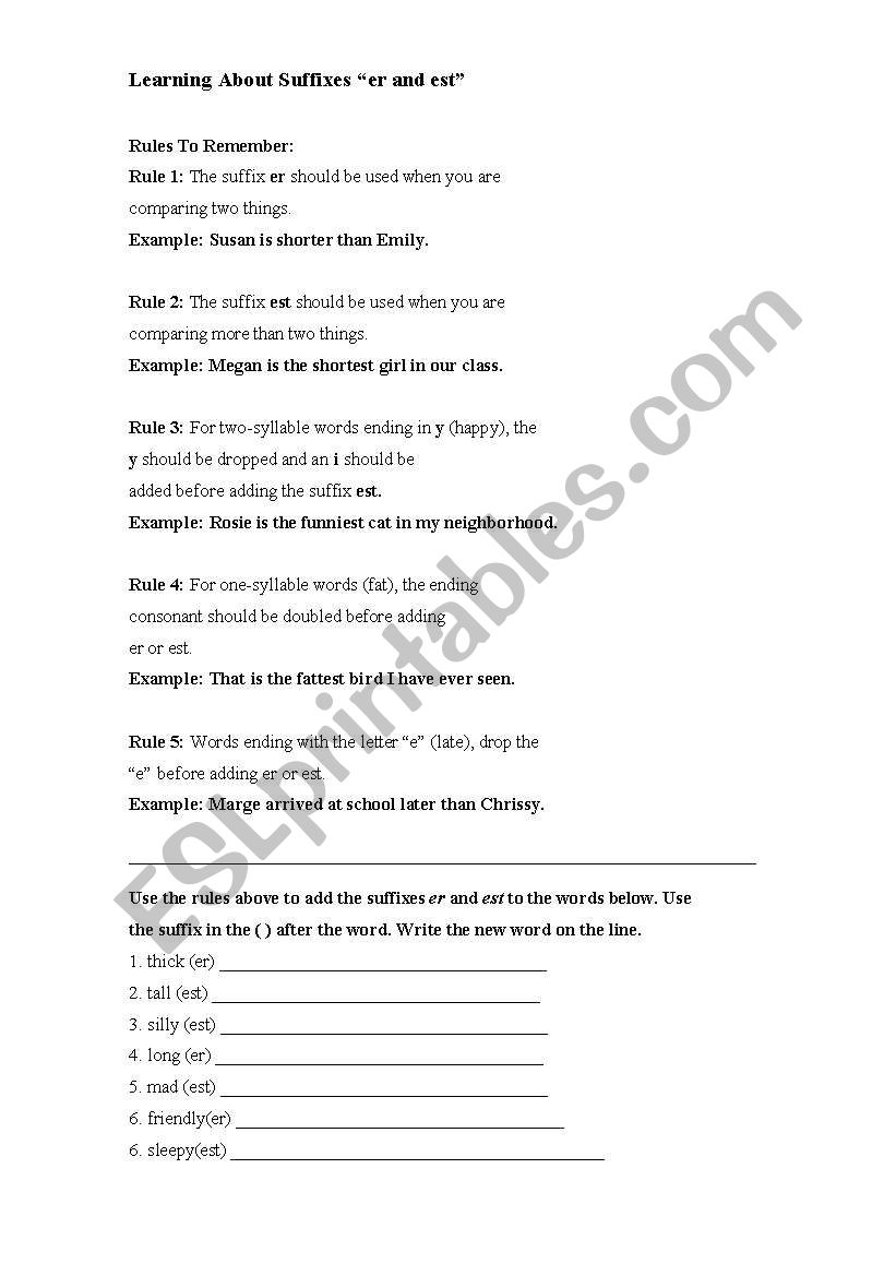 -Er and -est suffixes worksheet