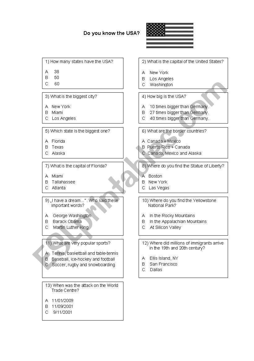 Do you know the USA? A Quiz ESL worksheet by Blacktz