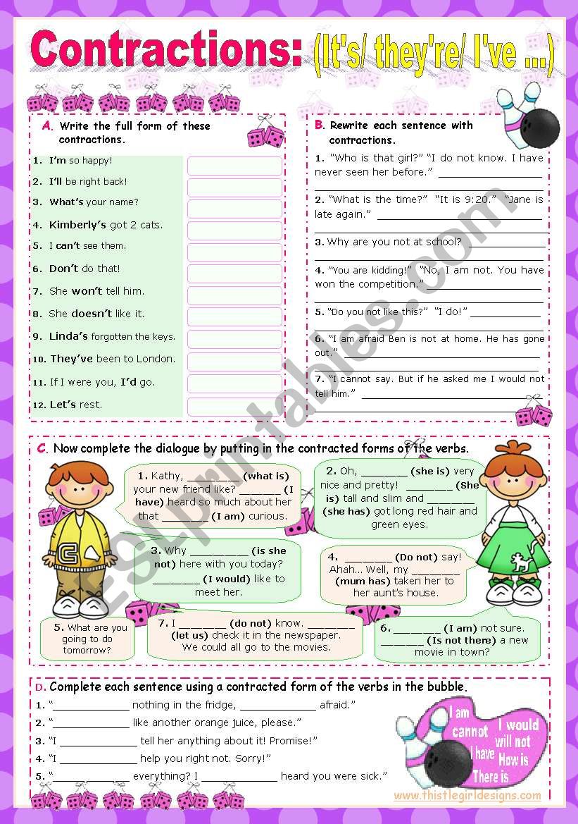A2Zworksheets:Worksheet of Contractions (Short Forms)-Grammar-English