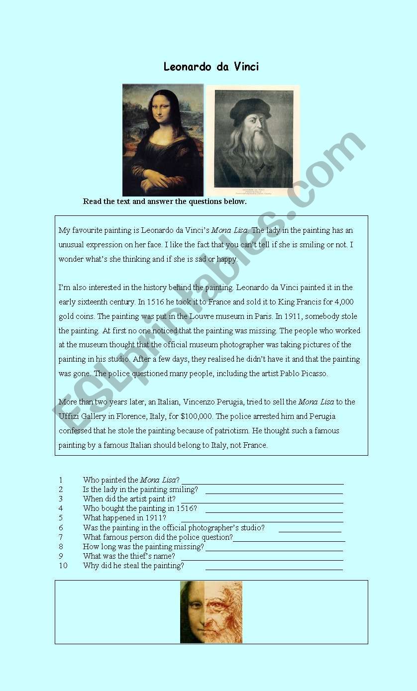 Leonardo Da Vinci´s Mona Lisa Esl Worksheet By Jolezu
