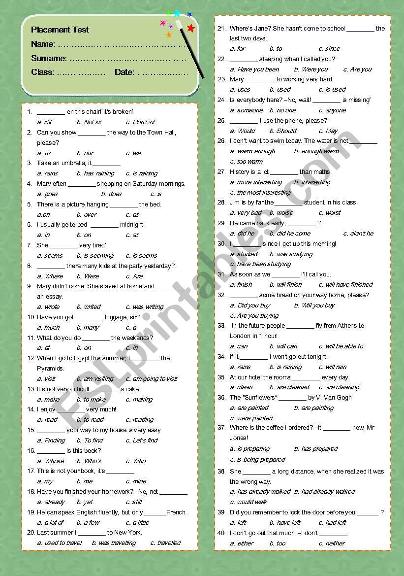 Placement Test ESL Worksheet By Perma