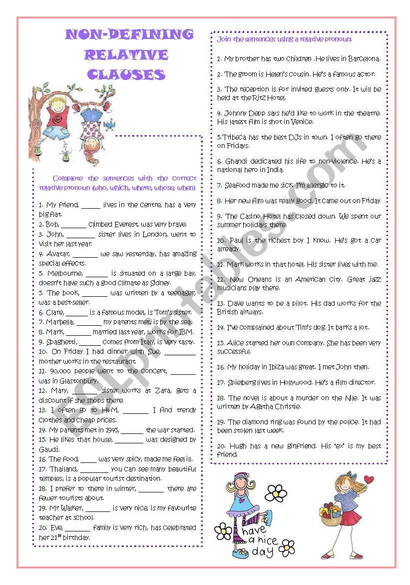 Non defining Relative Clauses ESL Worksheet By Chusin