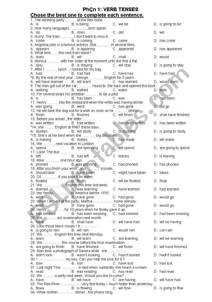 Test on tense worksheet