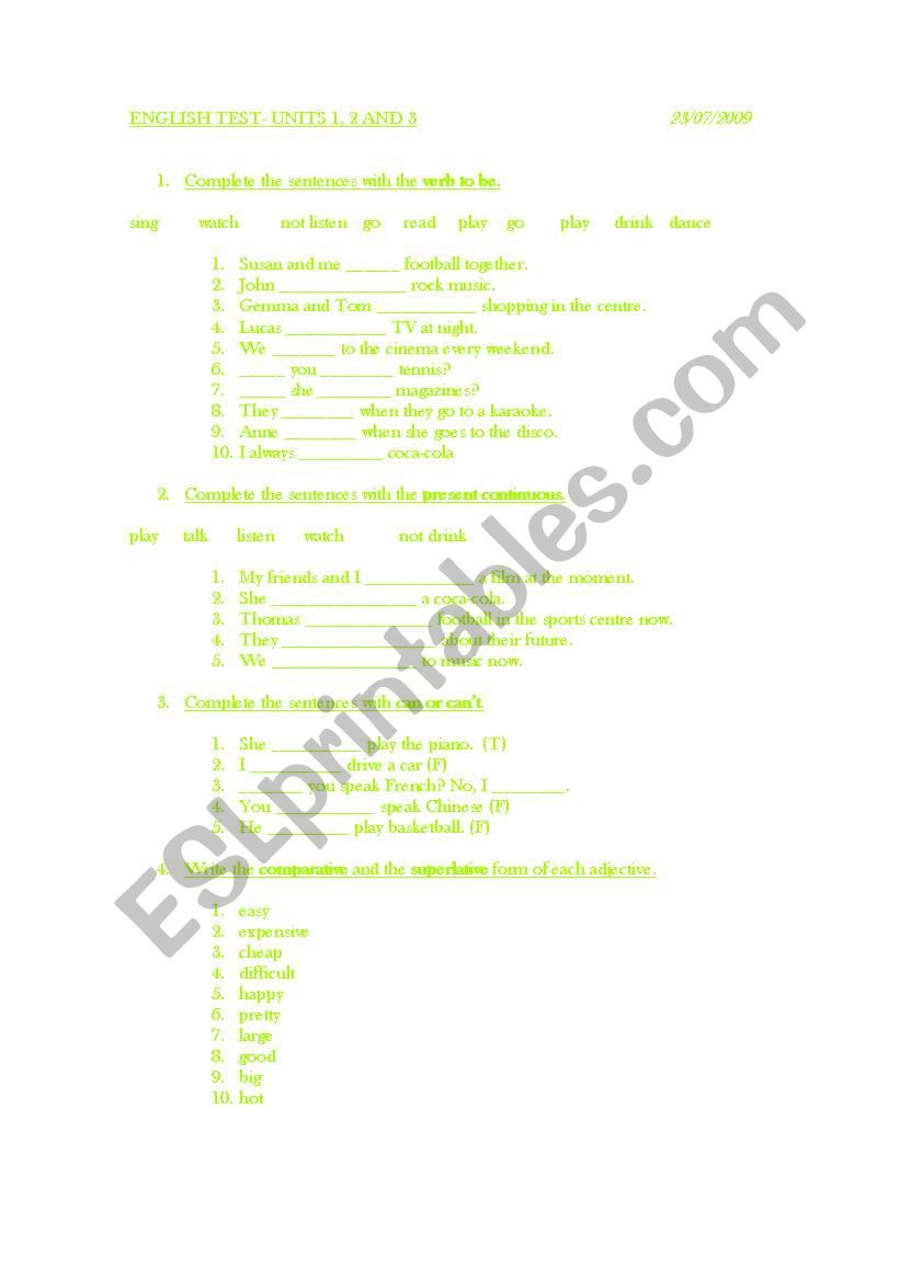 Present, modals(can), to be, description...