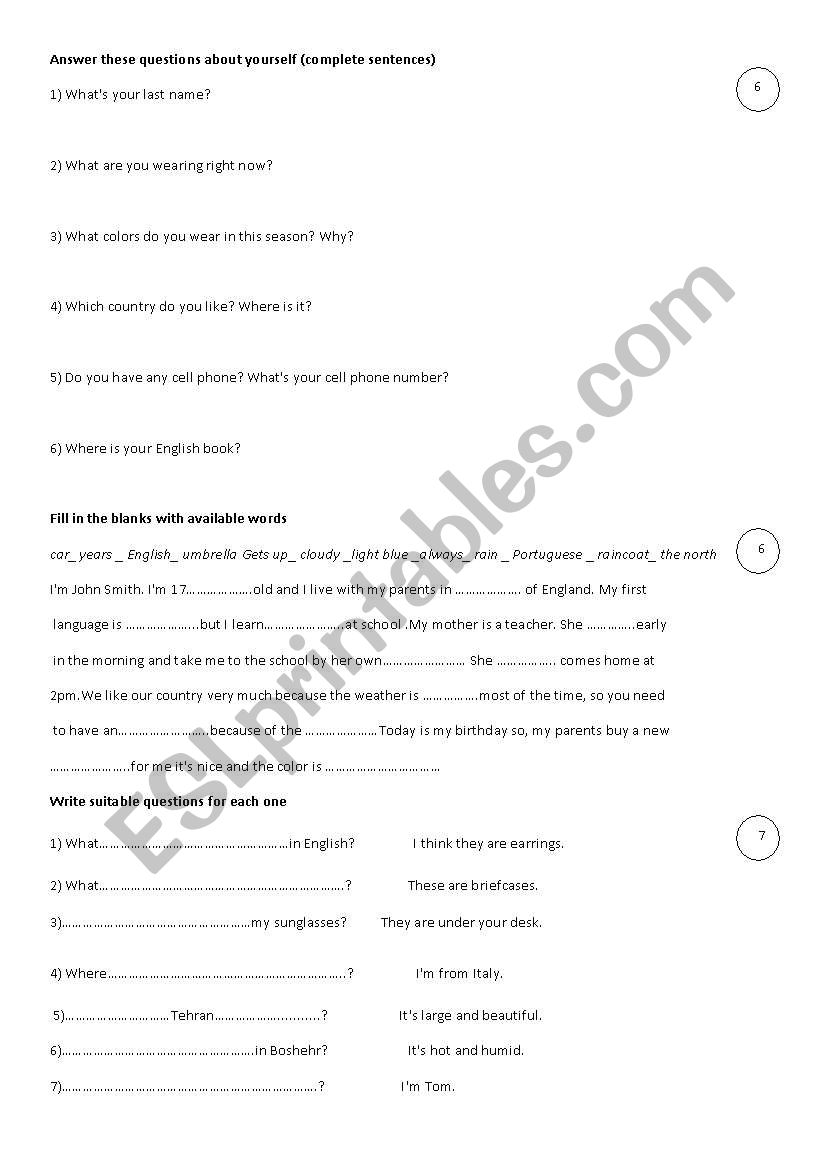 Exam worksheet