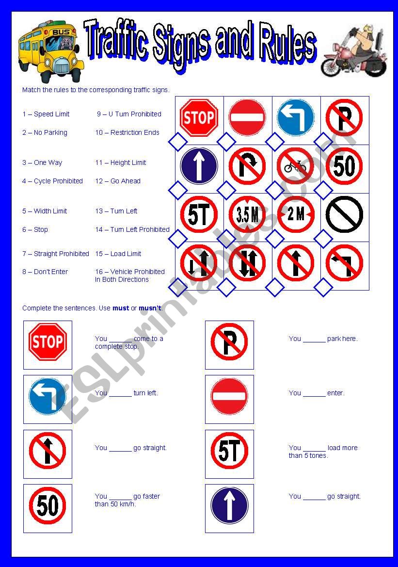 English worksheets: Traffic Signs and Rules-Must and Mustn´t
