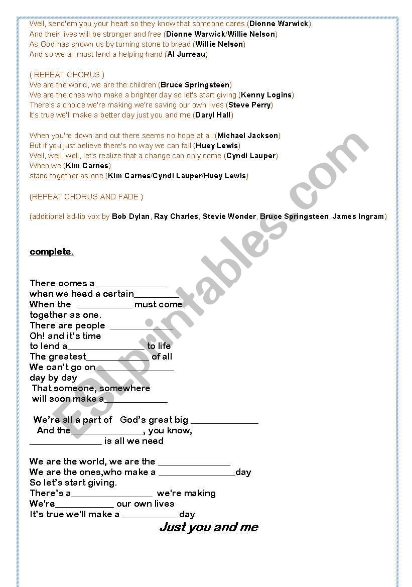 we are the world lyrics singers - ESL worksheet by Flor1801