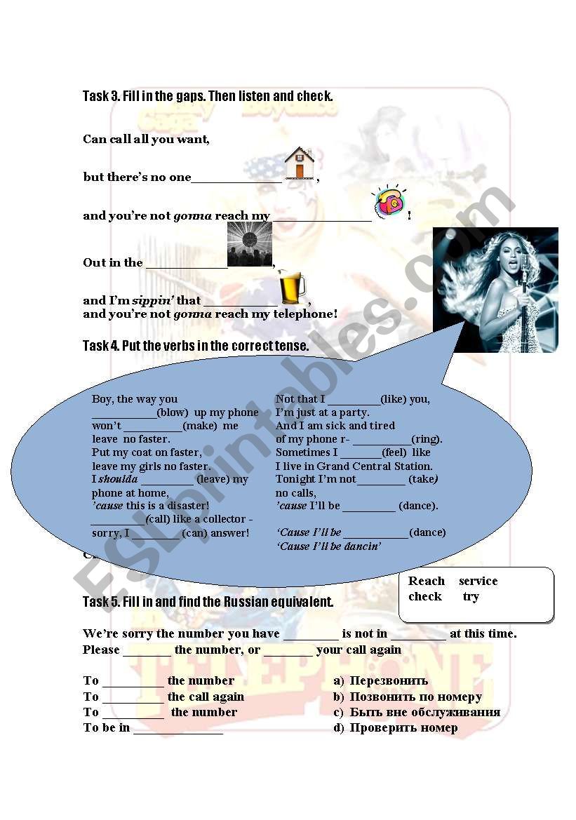 Song worksheet. Lady Gaga feat Beyonce, Telephone. - ESL worksheet by  Tyenabequette