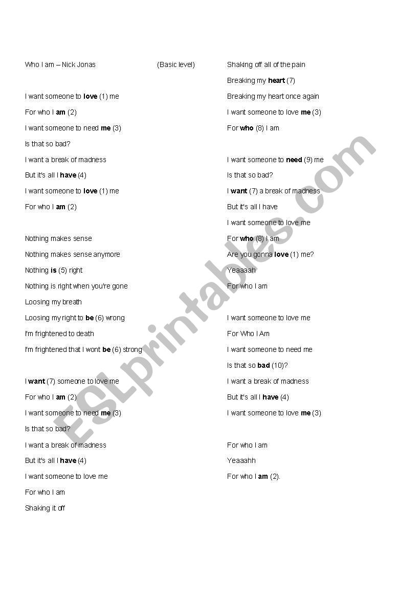 Who I am (song) worksheet