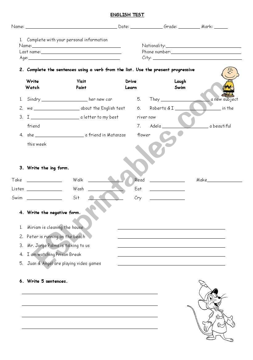 English test worksheet