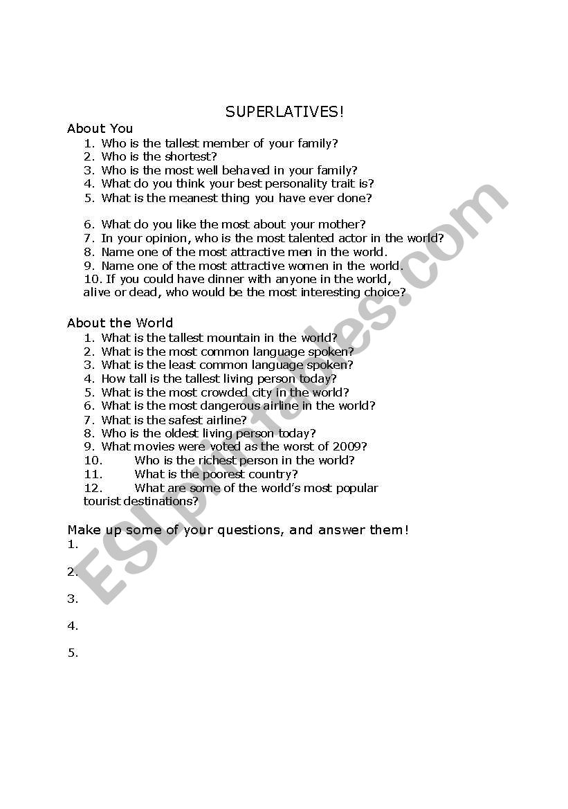 Questions Using Superlatives worksheet