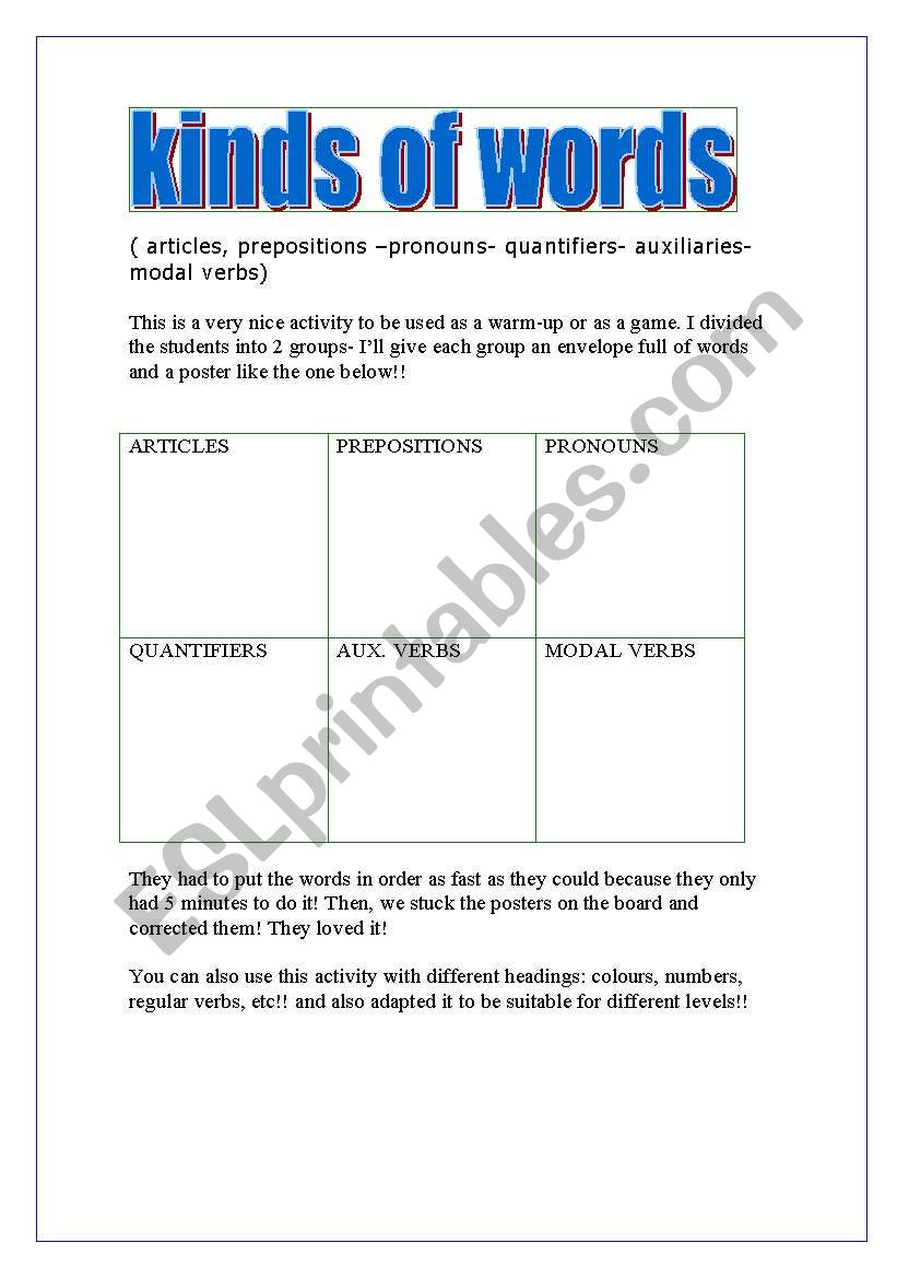 kinds of words!!! worksheet