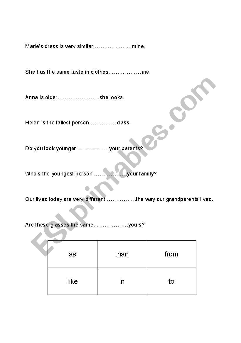 Comparative Prepositions worksheet