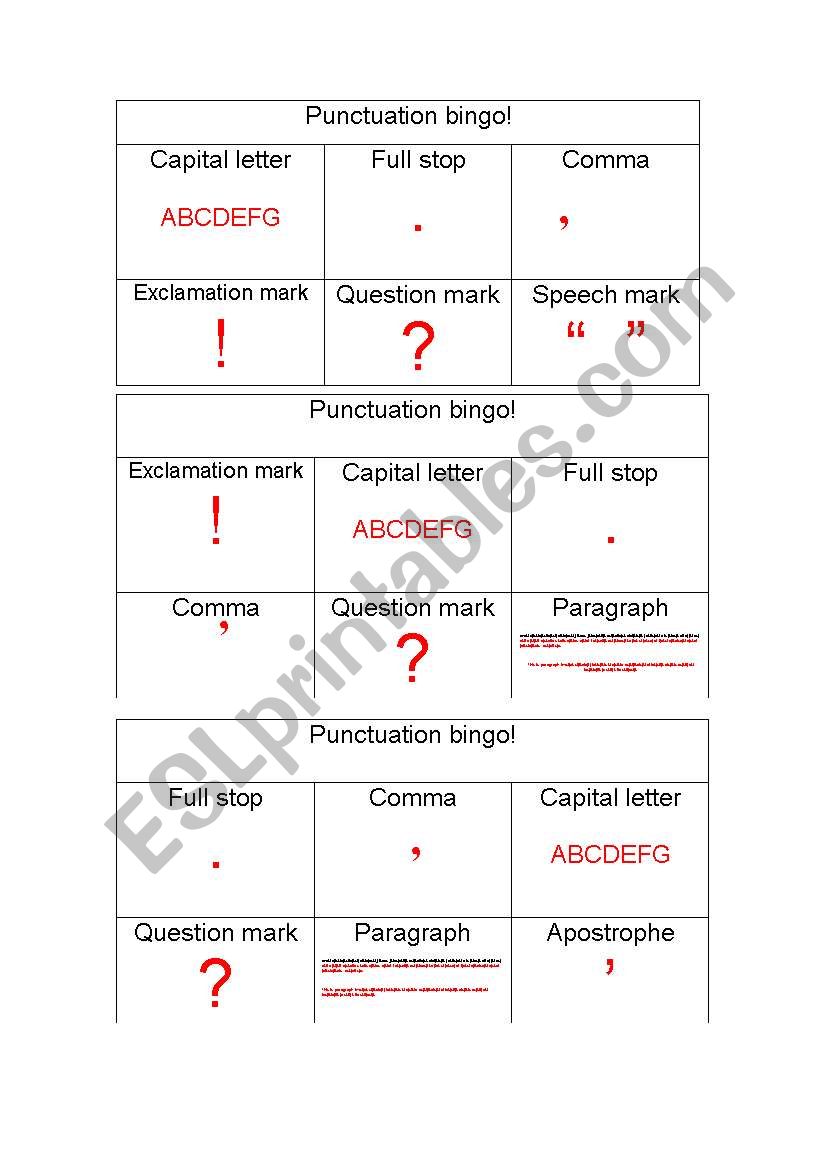 Punctuation bingo worksheet