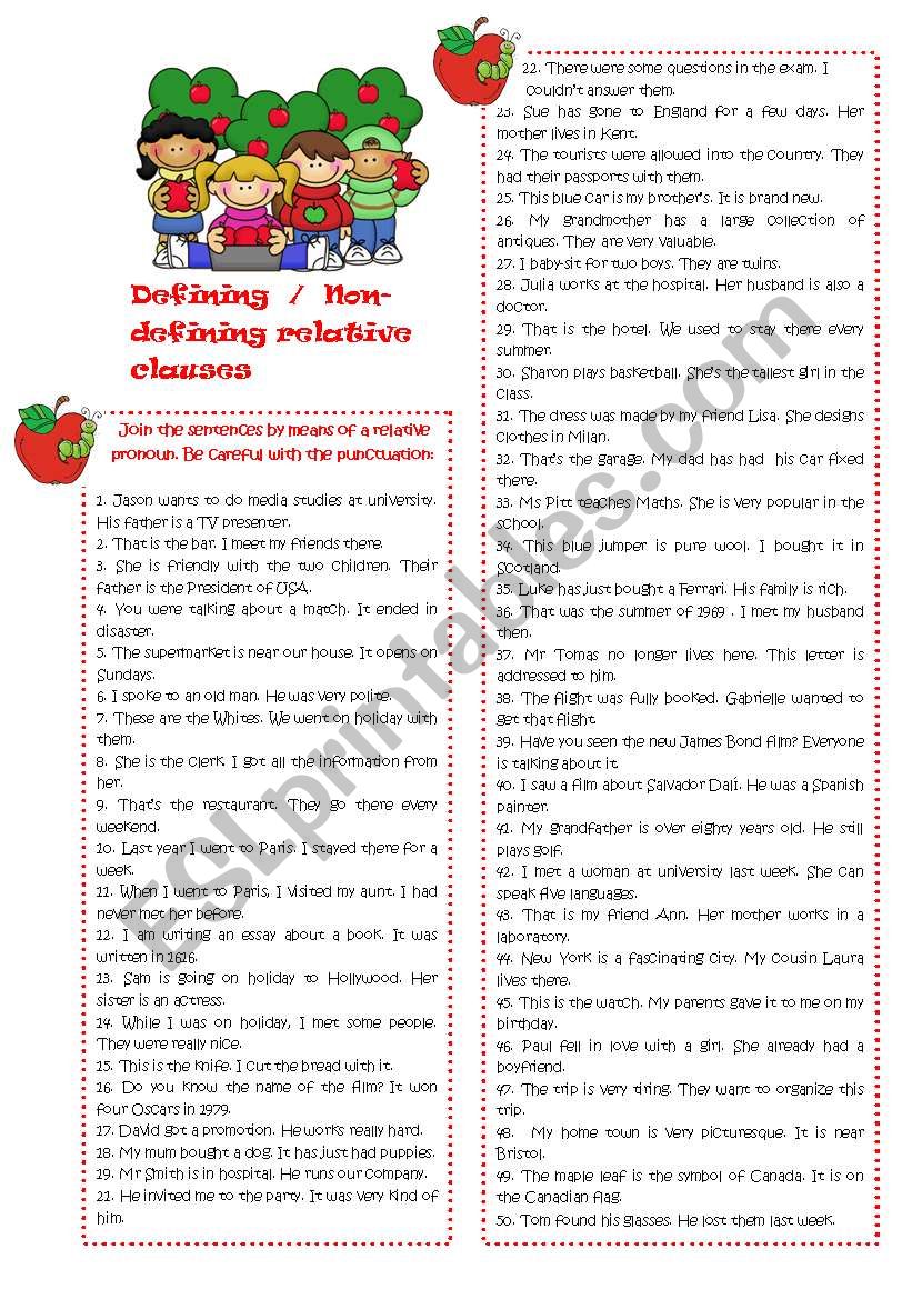 Defining Non Defining Relative Clauses ESL Worksheet By Chusin