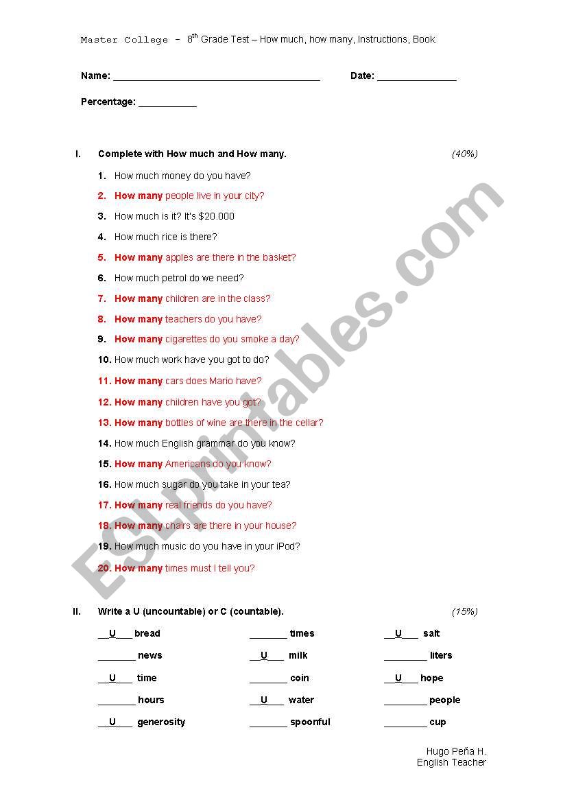 how much and how manu worksheet