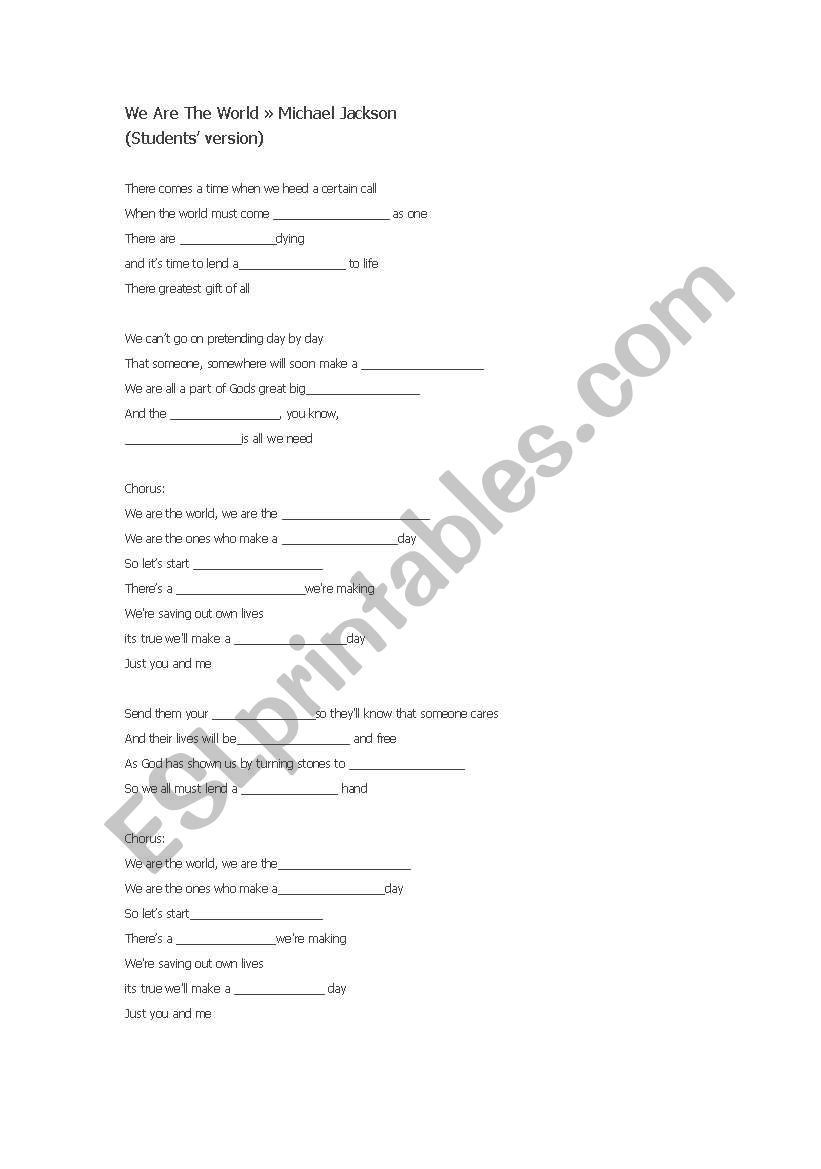 fill in the lyrics worksheet