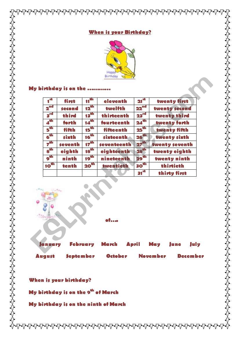 english worksheets what is your birthday ordinal numbers