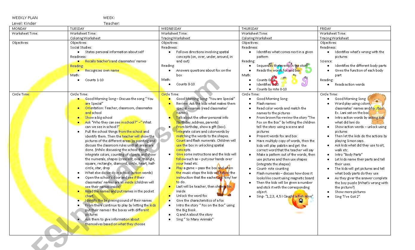 weekly plan sample worksheet