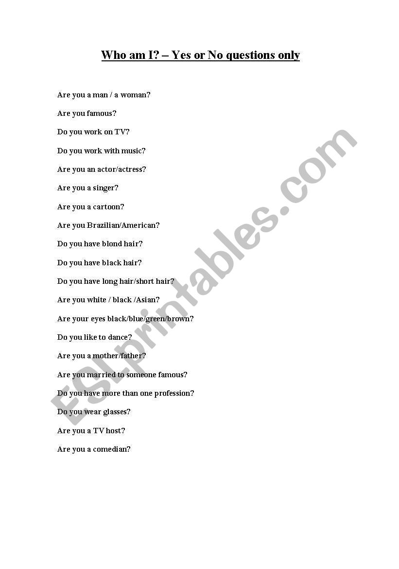 English Worksheets Who Am I Game Questions 