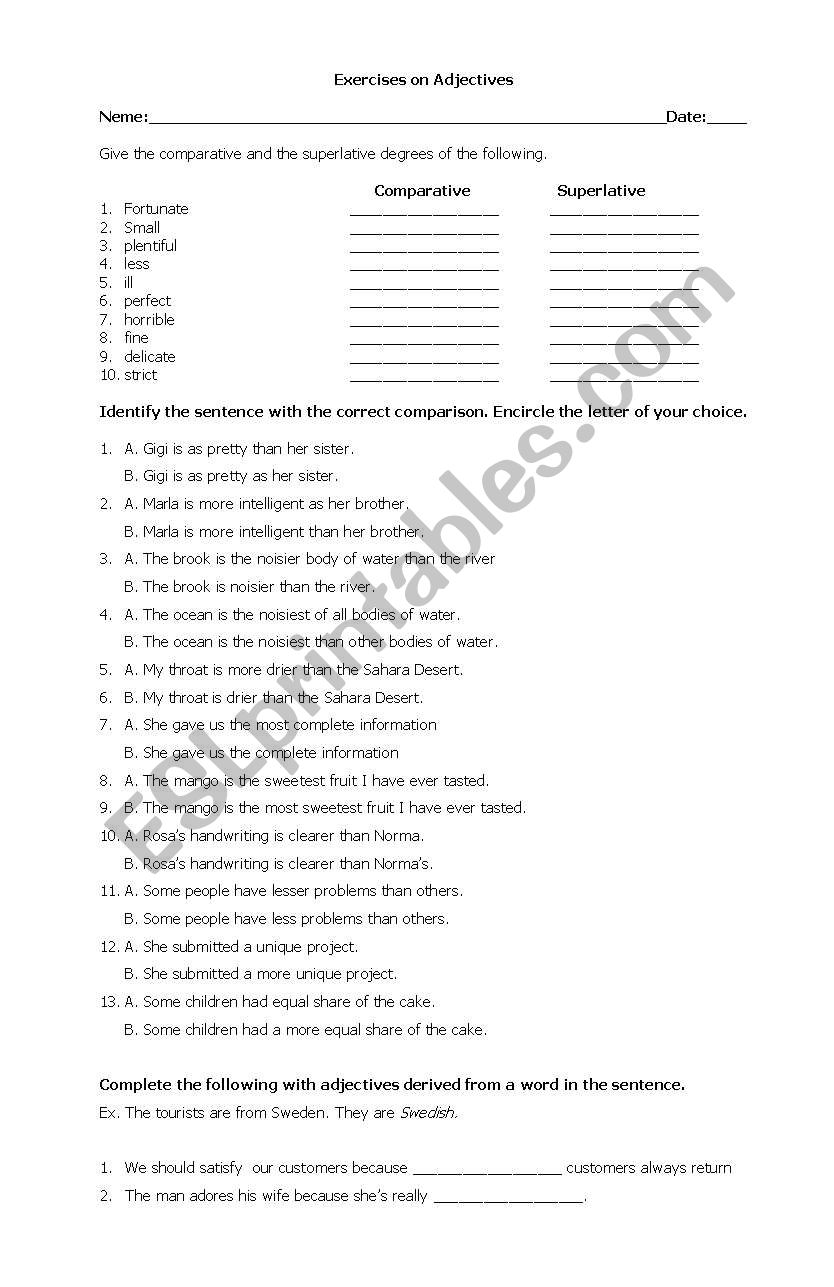 exercise on adjectives worksheet