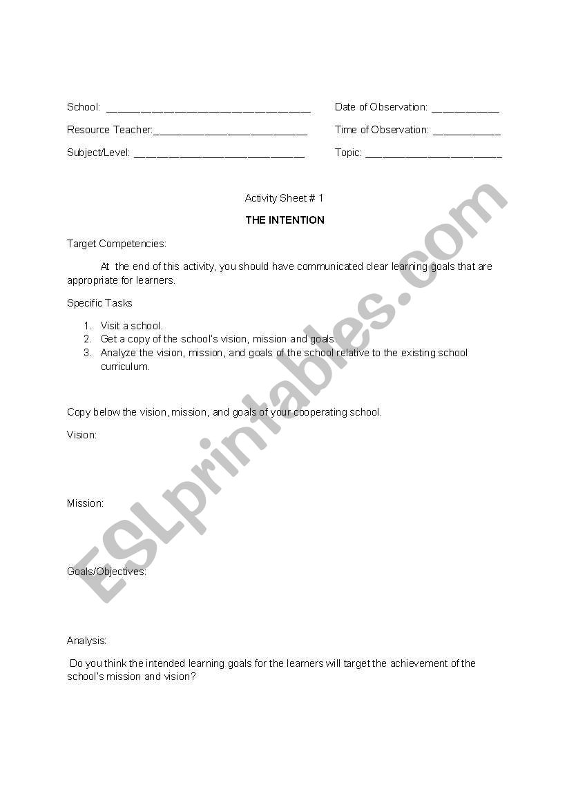 The Intention worksheet