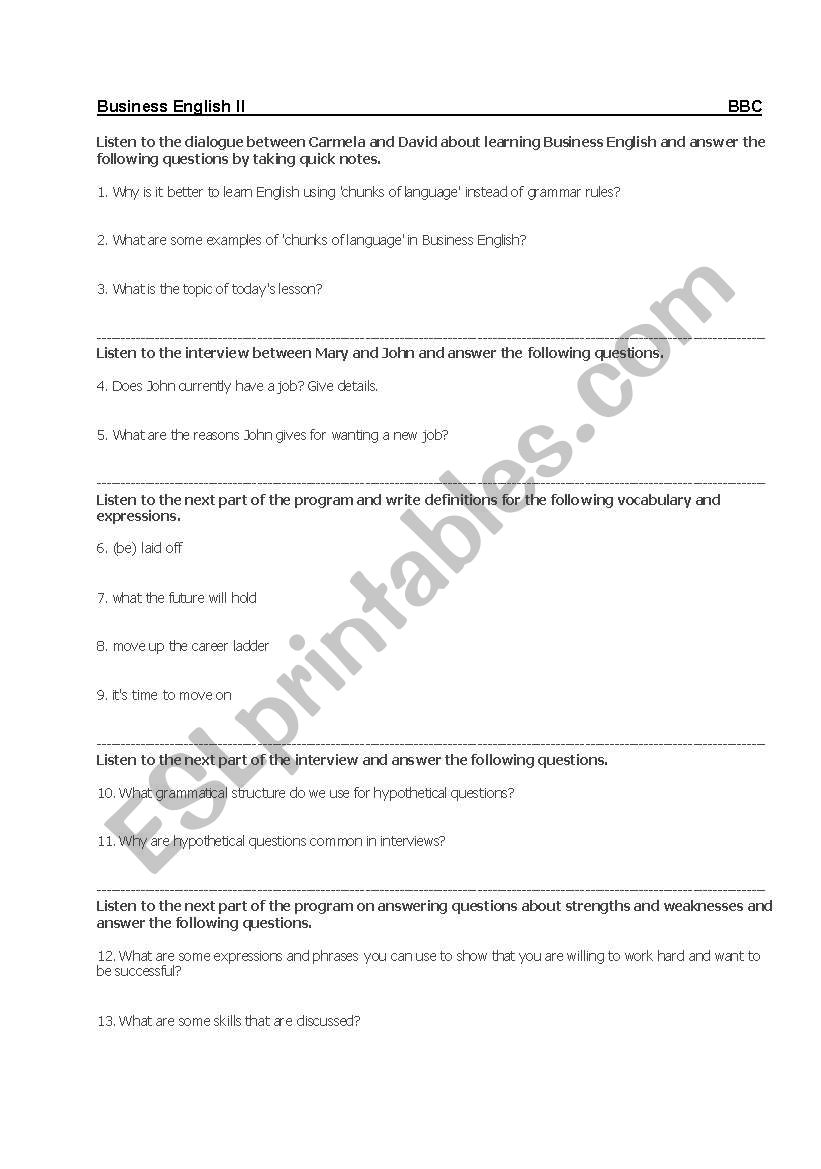 Interview Language worksheet