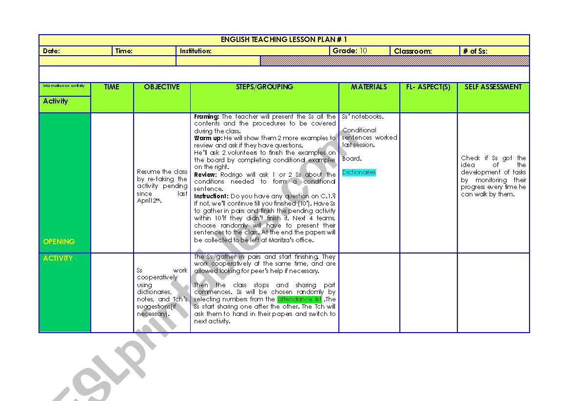 LESSON PLAN 1 worksheet