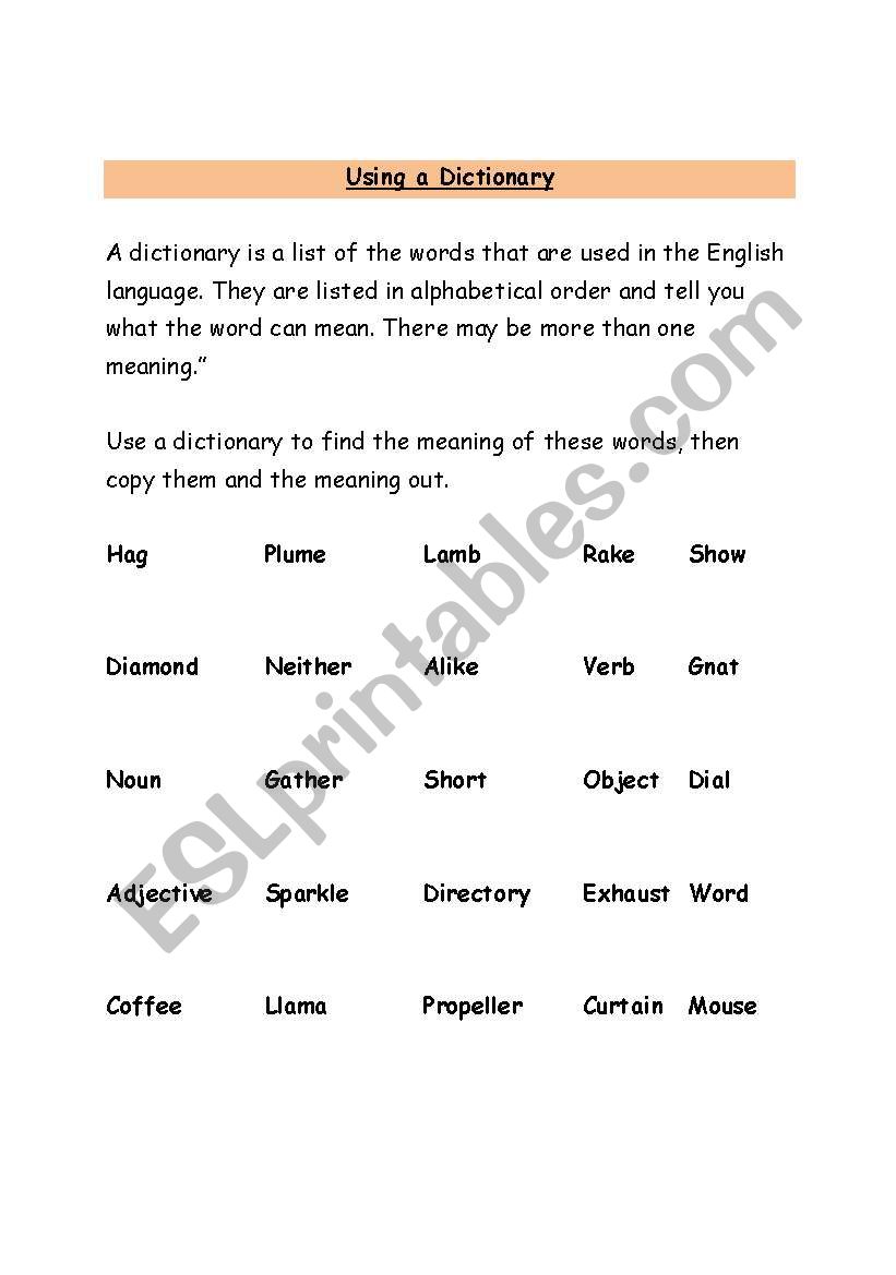 Using a dictionary worksheet