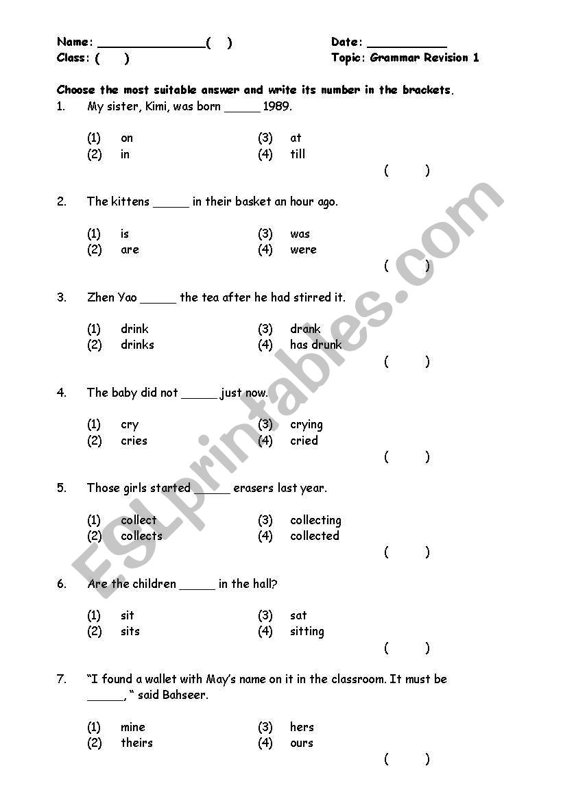 English Worksheets Grammar Mcq Practice 1