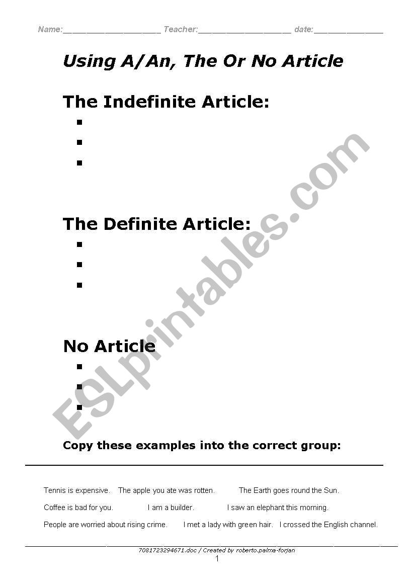 using articles worksheet