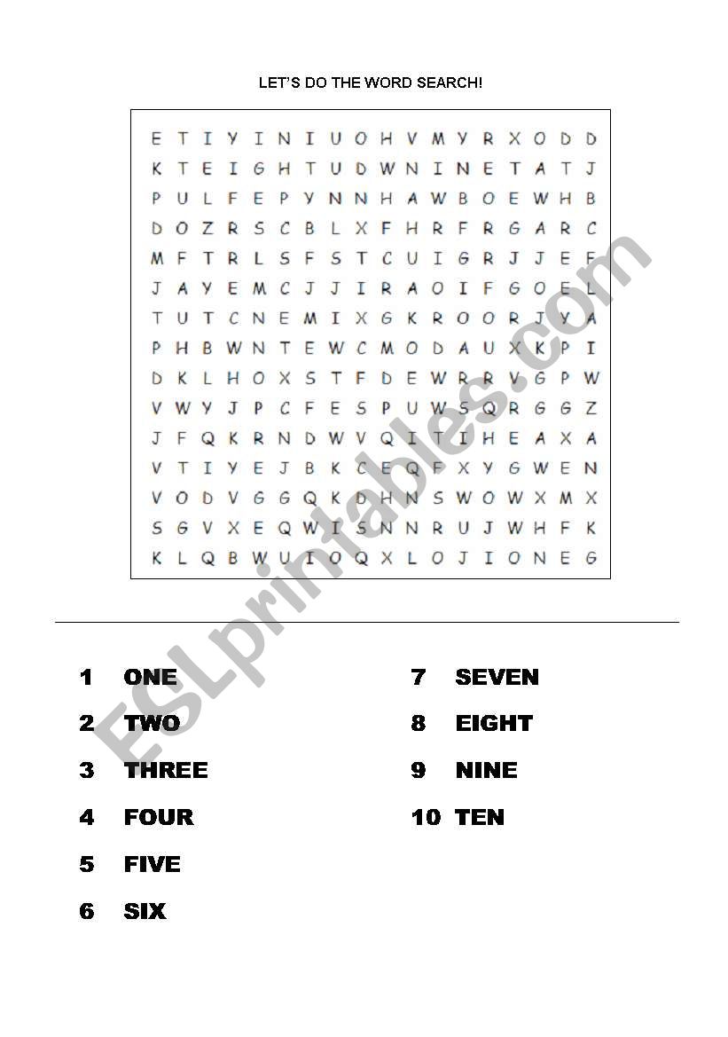 English Worksheets Numbers Word Search