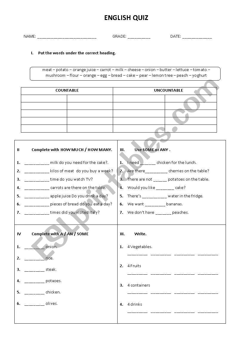 QUANTIFIERS TEST worksheet