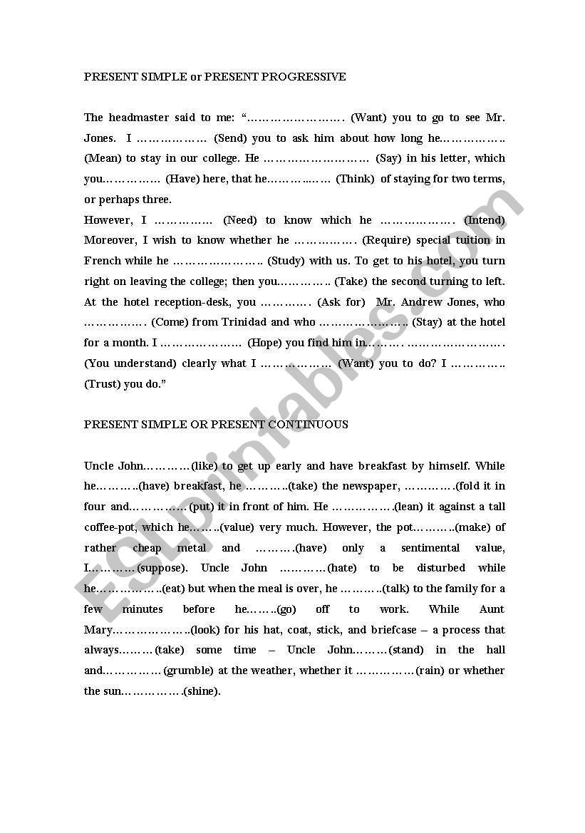 Simple Present Vs Present Progressive ESL Worksheet By Rita2010