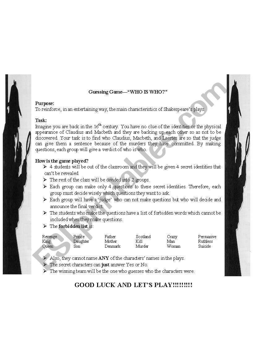 Who is who game - Shakespeare worksheet