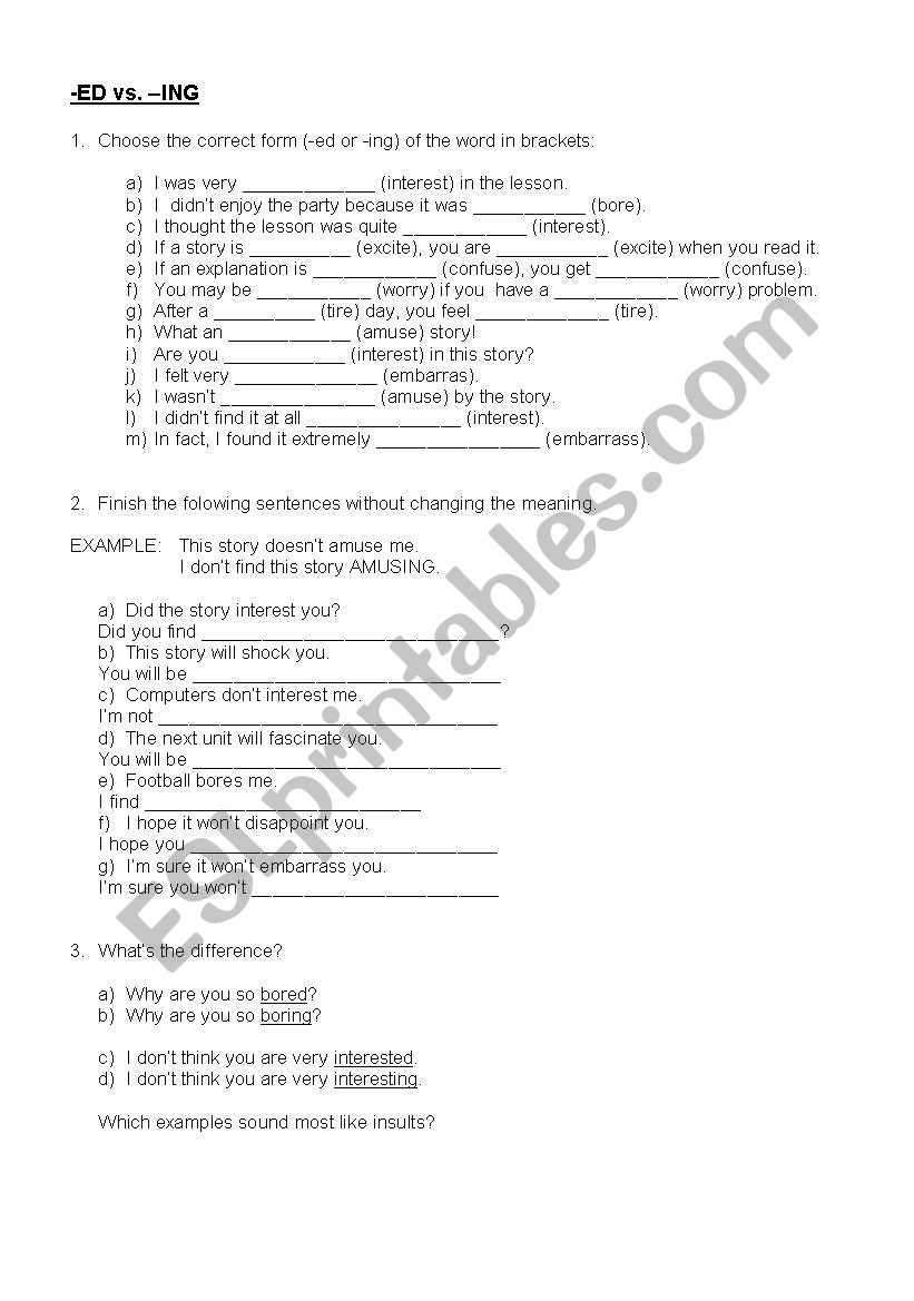 adjectives in -ed and -ing worksheet