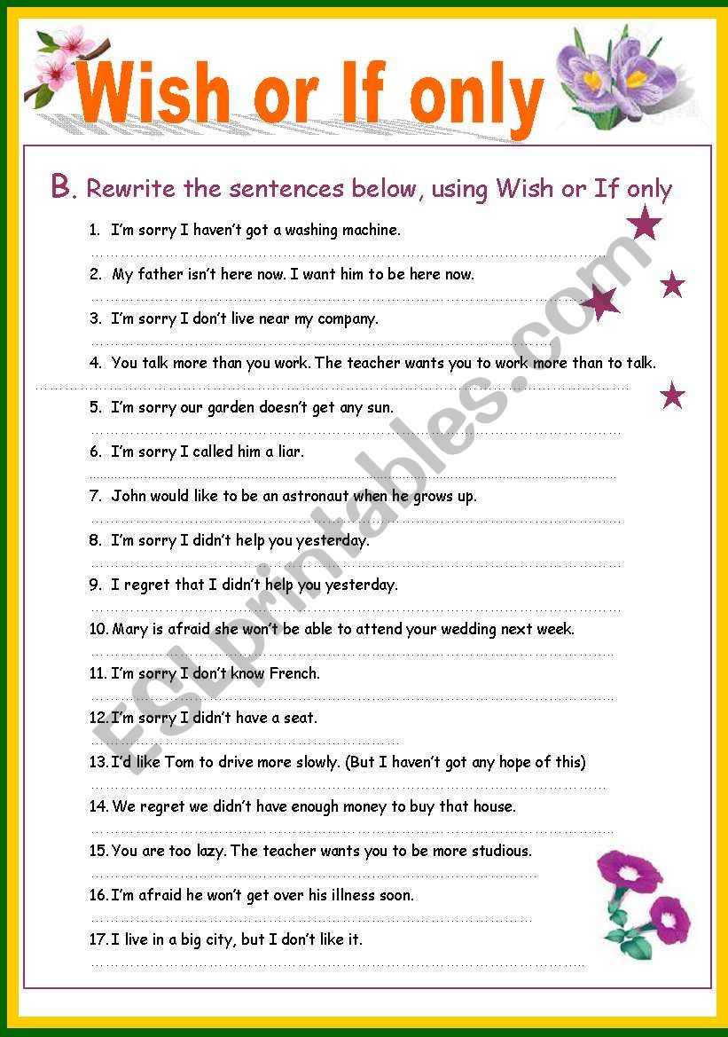 Wish Or If Only Part 2 ESL Worksheet By Lengocha