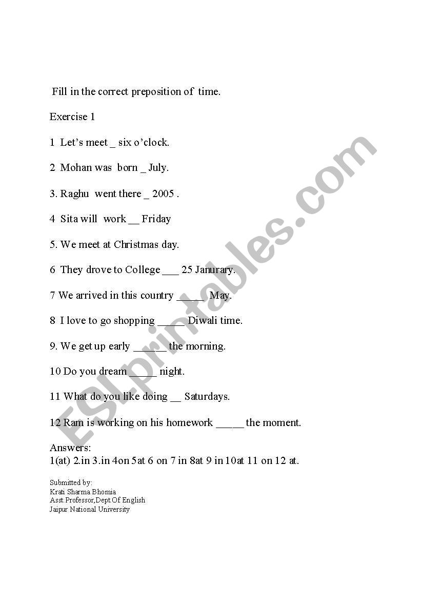 Exercise On Preposition  worksheet