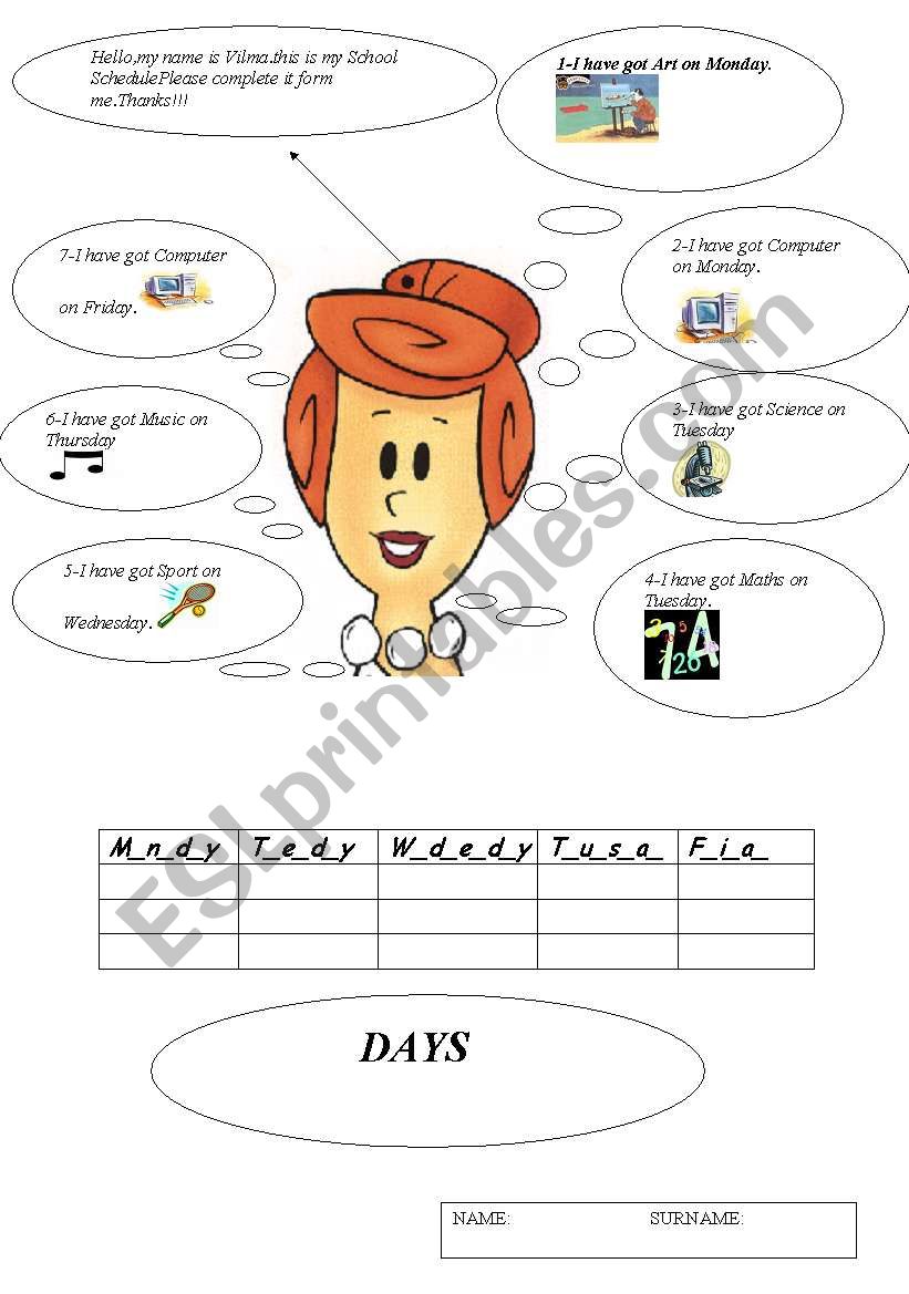 DAYS-SCHOOL SUBJECTS worksheet